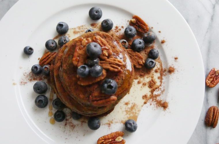 This pumpkin spice protein pancake recipe from healthy chef Lily Kunin is a Saturday morning game-changer