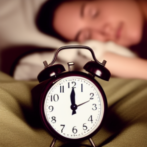 alarm clock with woman sleeping behind