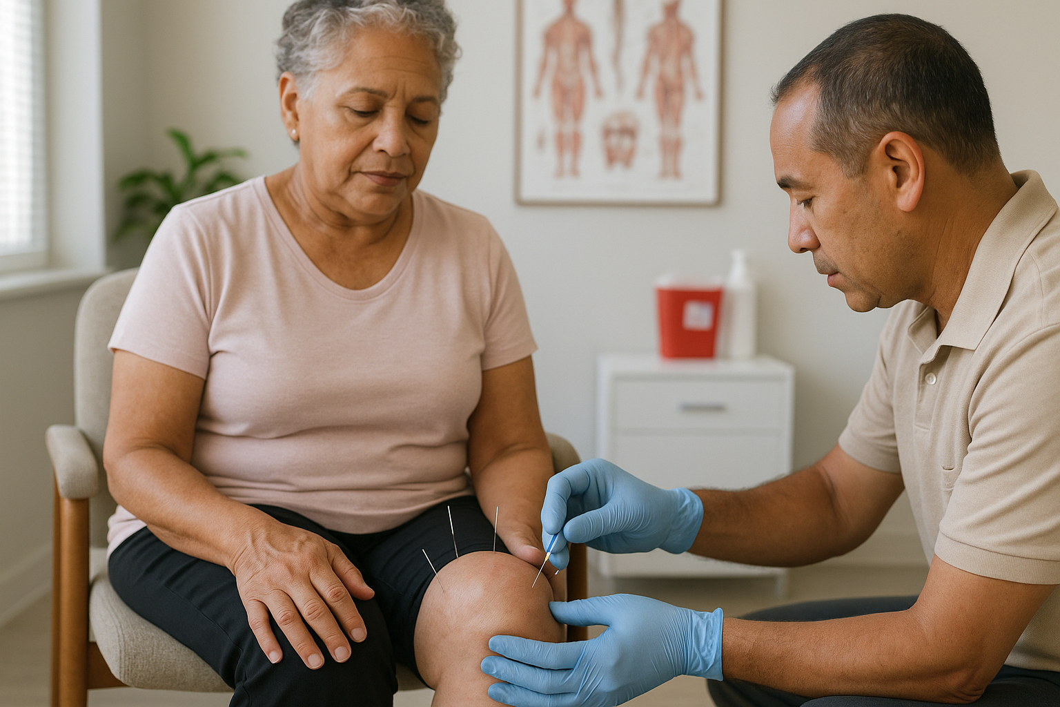 acupuncture for arthritic knees a woman receiving acupuncture for arthritis while sitting in a chair