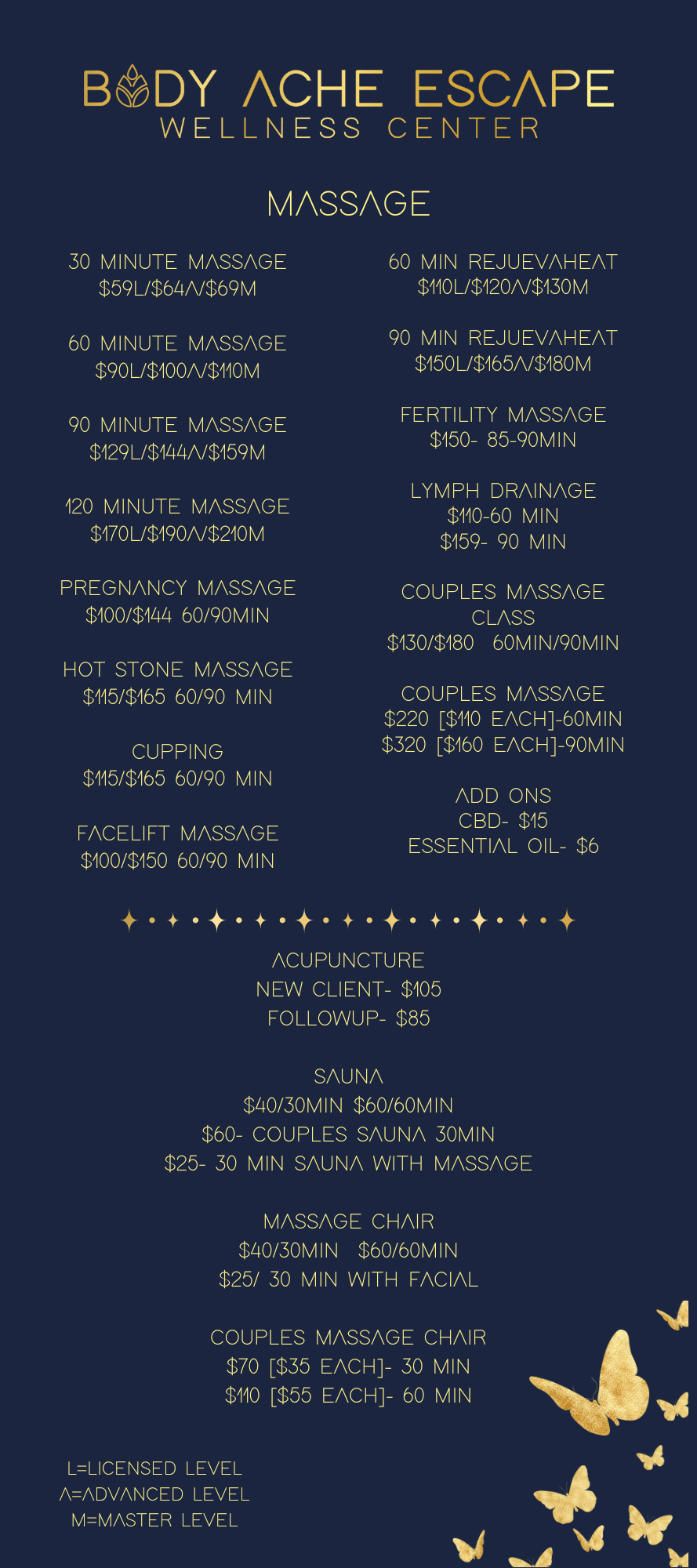 body ache escape price list massage and facial prices