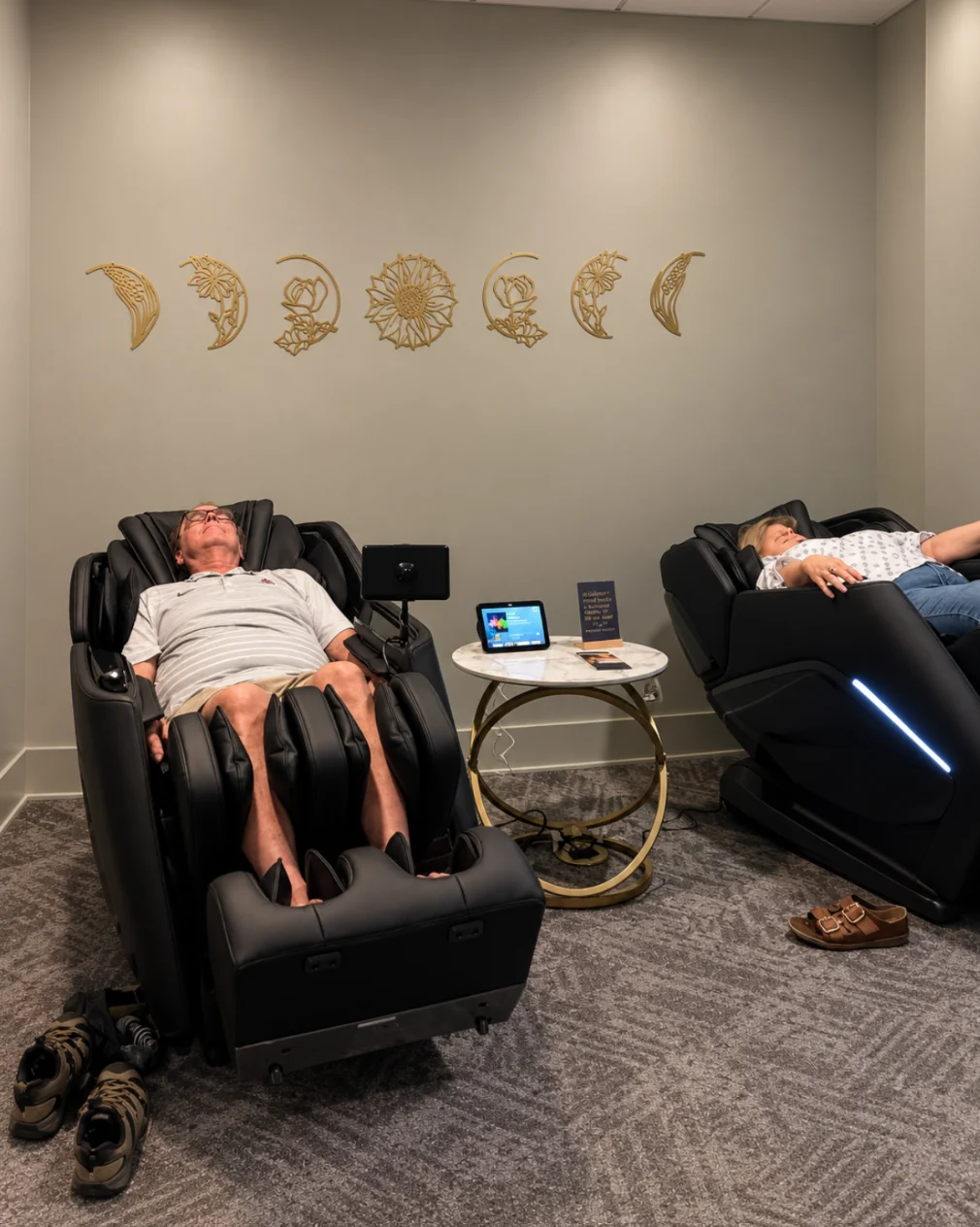 Two people enjoying reclining chair massages side by side